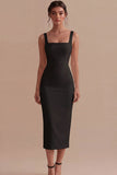 Pencil Square Neck Satin Midi Dress with Back Slit