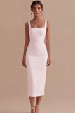 Pencil Square Neck Satin Midi Dress with Back Slit