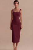 Pencil Square Neck Satin Midi Dress with Back Slit