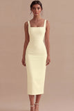 Pencil Square Neck Satin Midi Dress with Back Slit