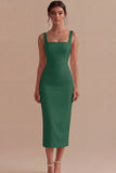Pencil Square Neck Satin Midi Dress with Back Slit