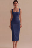 Pencil Square Neck Satin Midi Dress with Back Slit