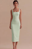 Pencil Square Neck Satin Midi Dress with Back Slit