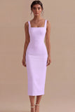 Pencil Square Neck Satin Midi Dress with Back Slit