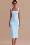Pencil Square Neck Satin Midi Dress with Back Slit