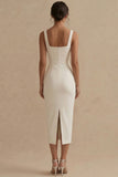 Pencil Square Neck Satin Midi Dress with Back Slit