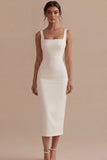 Pencil Square Neck Satin Midi Dress with Back Slit