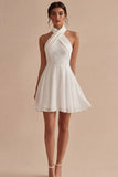 White Halter Pearls A Line Lace Mini Dress