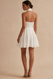 White Halter Pearls A Line Lace Mini Dress