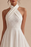 White Halter Pearls A Line Lace Mini Dress