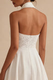 White Halter Pearls A Line Lace Mini Dress