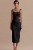 White Sheath Square Neck Jacquard Graduation Dress with Back Slit