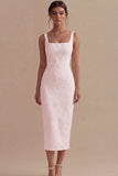 White Sheath Square Neck Jacquard Graduation Dress with Back Slit