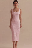 White Sheath Square Neck Jacquard Graduation Dress with Back Slit