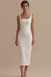 White Sheath Square Neck Jacquard Graduation Dress with Back Slit