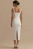 White Sheath Square Neck Jacquard Graduation Dress with Back Slit