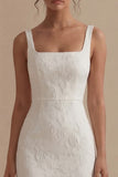 White Sheath Square Neck Jacquard Graduation Dress with Back Slit