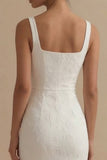 White Sheath Square Neck Jacquard Graduation Dress with Back Slit