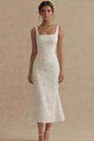 White Mermaid Square Neck Jacquard Midi Wedding Dress