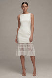 White A Line Bateau Neck Midi Dress with Lace