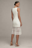 White A Line Bateau Neck Midi Dress with Lace