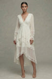 V-Neck White Ruffles A Line Ruched Graduation Dress with Long Sleeves