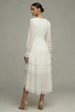 V-Neck White Ruffles A Line Ruched Graduation Dress with Long Sleeves