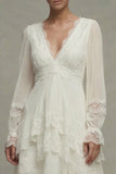 V-Neck White Ruffles A Line Ruched Graduation Dress with Long Sleeves