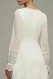 V-Neck White Ruffles A Line Ruched Graduation Dress with Long Sleeves