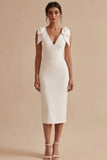 Sheath A Line V-Neck White Satin Bow Graduation Dress with Back Slit