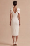 Sheath A Line V-Neck White Satin Bow Graduation Dress with Back Slit