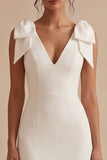 Sheath A Line V-Neck White Satin Bow Graduation Dress with Back Slit