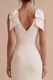 Sheath A Line V-Neck White Satin Bow Graduation Dress with Back Slit