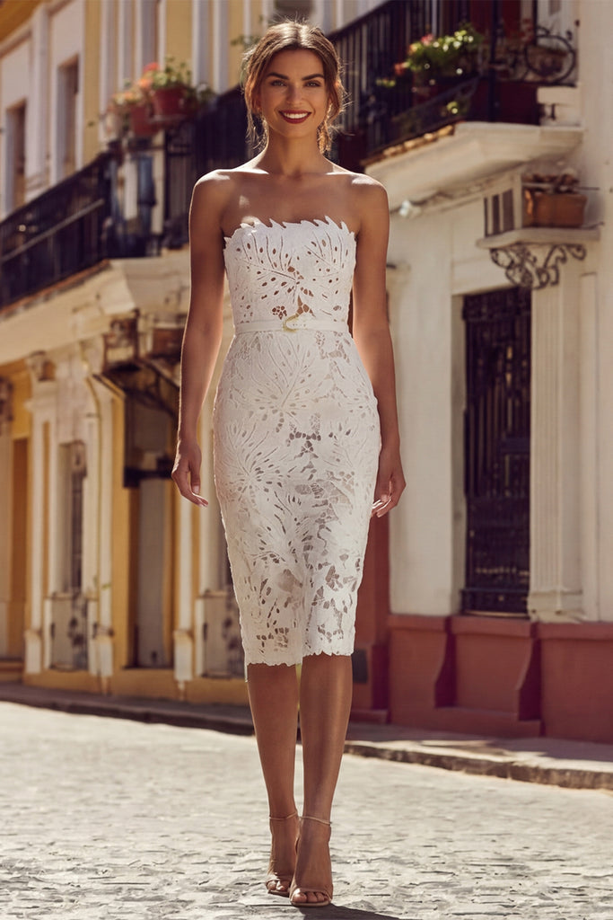Wedtrend Women White Lace Engagement Dress Sheath Strapless Midi