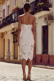White Lace Strapless Sheath Midi Engagement Dress
