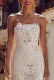 White Lace Strapless Sheath Midi Engagement Dress