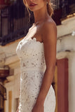 White Lace Strapless Sheath Midi Engagement Dress