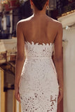 White Lace Strapless Sheath Midi Engagement Dress