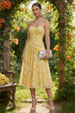Strapless A Line Lace Ruched Yellow Midi Wedding Guest Dress