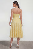Strapless A Line Lace Ruched Yellow Midi Wedding Guest Dress