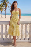 Strapless A Line Lace Ruched Yellow Midi Wedding Guest Dress