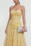 Strapless A Line Lace Ruched Yellow Midi Wedding Guest Dress