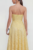 Strapless A Line Lace Ruched Yellow Midi Wedding Guest Dress