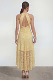 Halter Lace Yellow Keyhole A Line High-Low Wedding Guest Dress
