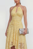 Halter Lace Yellow Keyhole A Line High-Low Wedding Guest Dress