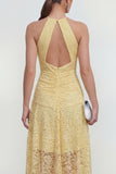 Halter Lace Yellow Keyhole A Line High-Low Wedding Guest Dress