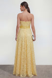 Yellow Lace Sweetheart Ruffled A Line Wedding Guest Dress with 3D Flower