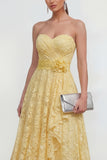 Yellow Lace Sweetheart Ruffled A Line Wedding Guest Dress with 3D Flower