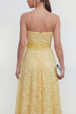 Yellow Lace Sweetheart Ruffled A Line Wedding Guest Dress with 3D Flower