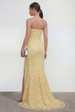 Lace Mermaid Ruched Yellow Strapless Wedding Guest Dress with Slit